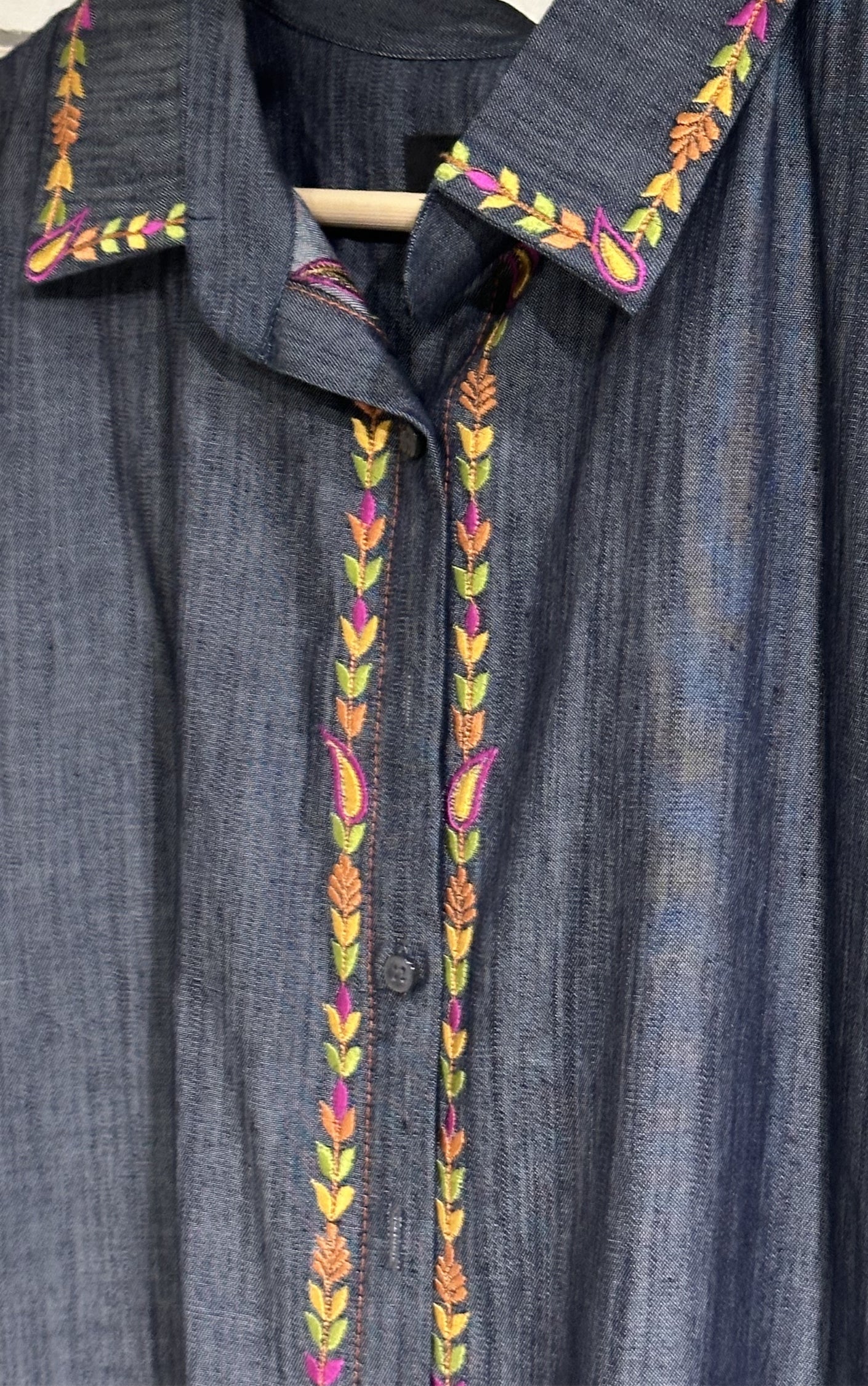 Denim Kurta Shirt With Floral Thread Work - 91threads