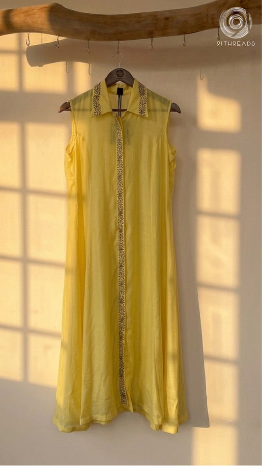 Yellow Shirt-Style Midi Dress