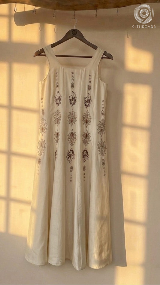 White A-line Dress With Motifs