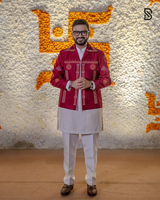 White Kurta With Red Kasuti Embroidered Jacket
