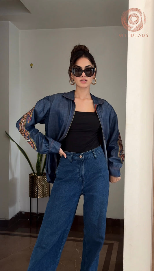Denim Jacket With Embroidered Sleeves