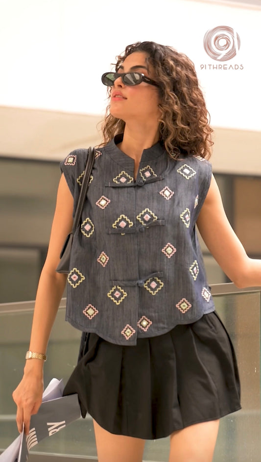 Dark Blue Gilet Jacket With Mirror Work