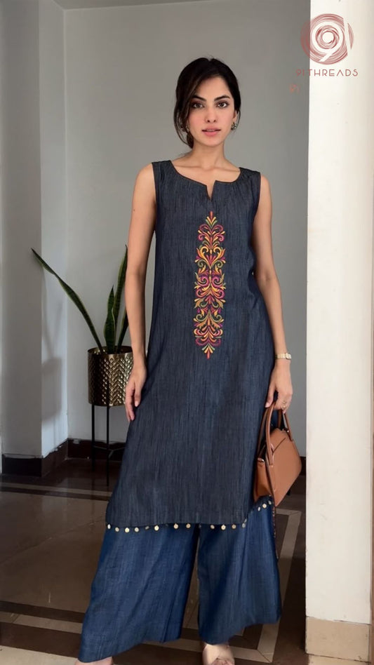 Dark Blue Straight-Fit Kurta With Coin Work