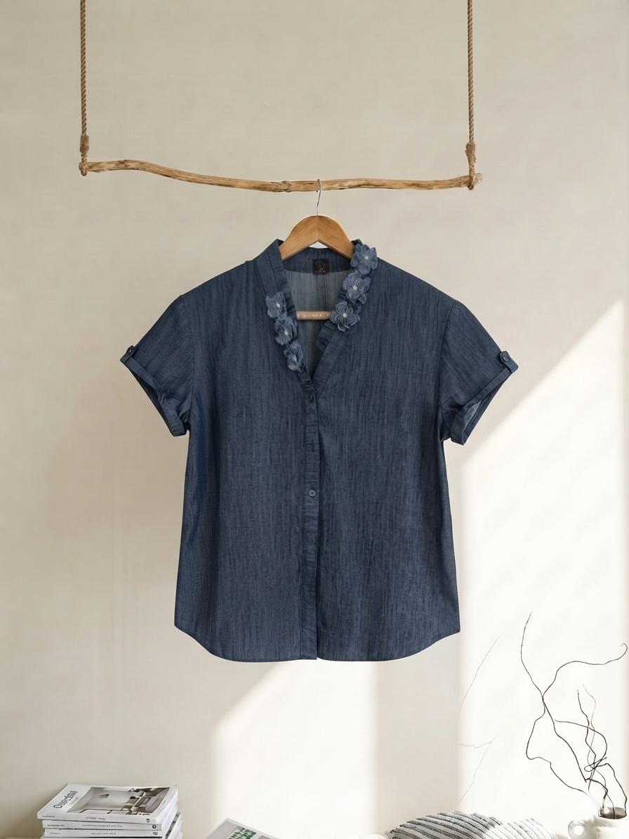 Denim Blouse With Floral Appliques - 91threads