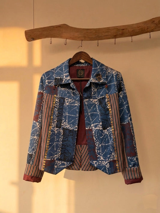 Blue Ajrakh Printed Peplum Jacket